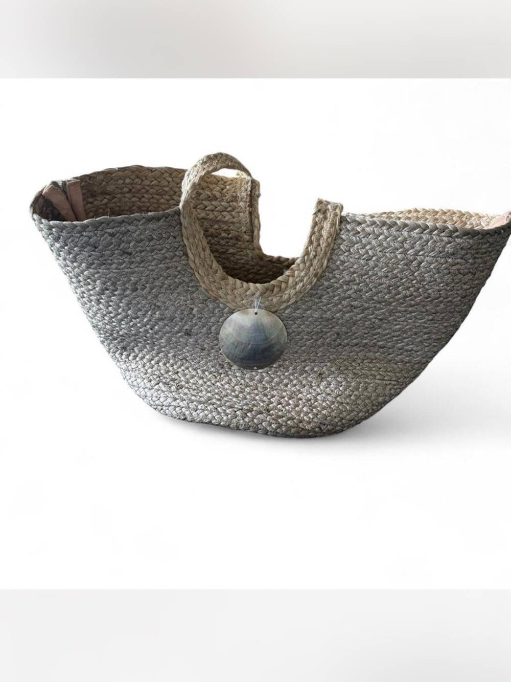 Nikki Beach Woven Straw Tote Bag with Shell Charm - Gray